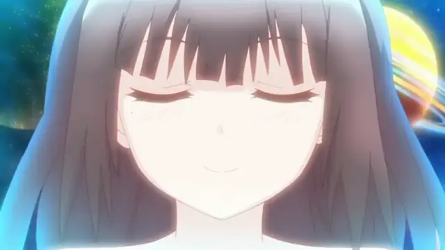 An anime girl with long, dark hair and closed eyes smiles contentedly against a background of outer space with a planet and stars. Screenshot from Cosplay Change: Pure-kei Joshidaisei no Kiken na Seiheki - Episode 3