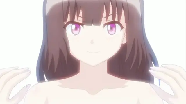 An anime girl with dark hair and purple eyes smiles at the camera while showing her bare chest. Screenshot from Cosplay Change: Pure-kei Joshidaisei no Kiken na Seiheki - Episode 3