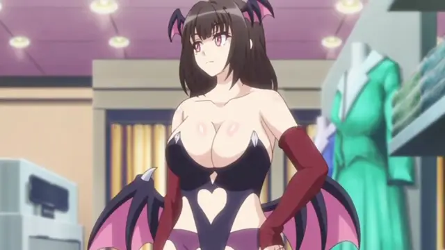 An anime girl with demon horns and wings wears a revealing black and purple outfit that exposes her large breasts as she stands in a boutique. Screenshot from Cosplay Change: Pure-kei Joshidaisei no Kiken na Seiheki - Episode 3