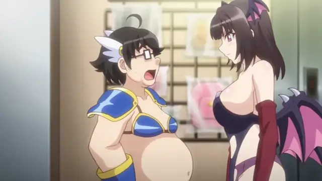 An overweight man with glasses and a large belly wearing blue and gold armor stares in awe at a female succubus with horns and bat wings who is looking down at him in a room with posters on the wall. Screenshot from Cosplay Change: Pure-kei Joshidaisei no Kiken na Seiheki - Episode 3