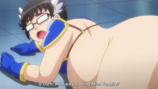 A shocked anime girl with glasses and a blue hero costume lies on a tiled floor with her clothes pulled down, exposing her large breasts, while a subtitle at the bottom reads, "O-Ouch! What are you doing, Miss Vampire?". Screenshot from Cosplay Change: Pure-kei Joshidaisei no Kiken na Seiheki - Episode 3