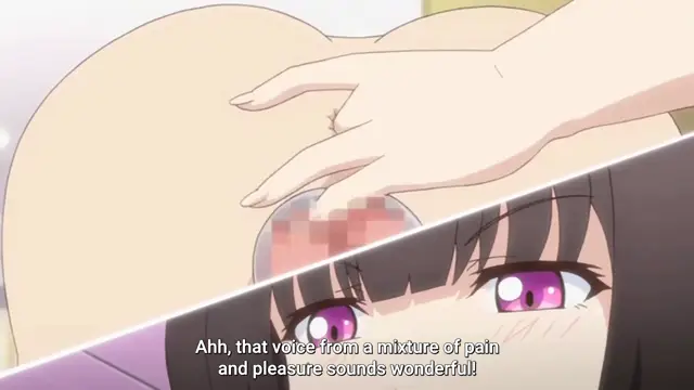 A close-up split screen shows a character with long black hair and purple eyes looking on with a blissful expression while a person's hand rests on a large, bare breast, accompanied by the subtitle "Ahh, that voice from a mixture of pain and pleasure sounds wonderful!". Screenshot from Cosplay Change: Pure-kei Joshidaisei no Kiken na Seiheki - Episode 3
