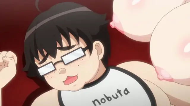 A heavy-set boy wearing glasses and a tank top with "Nobuta" written on it lays on a red surface with an ecstatic expression while being surrounded by large, exposed breasts. Screenshot from Cosplay Change: Pure-kei Joshidaisei no Kiken na Seiheki - Episode 3