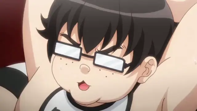 A chubby anime boy with black hair and glasses looks surprised with his mouth open as he is held by a woman with large breasts. Screenshot from Cosplay Change: Pure-kei Joshidaisei no Kiken na Seiheki - Episode 3