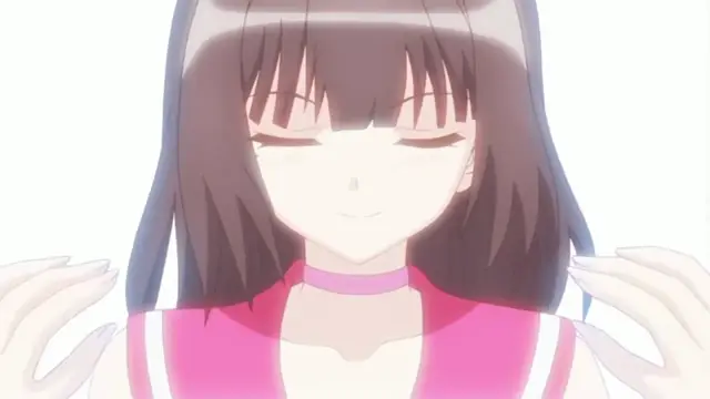 A close-up shot shows an anime girl with dark hair and closed eyes smiling peacefully while wearing a pink and white outfit. Screenshot from Cosplay Change: Pure-kei Joshidaisei no Kiken na Seiheki - Episode 4