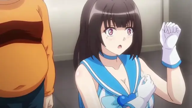 A shocked anime girl in a blue and white school uniform looks at an obese man standing next to her while she raises a white gloved hand. Screenshot from Cosplay Change: Pure-kei Joshidaisei no Kiken na Seiheki - Episode 4