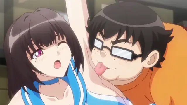 A black-haired girl in a blue and white swimsuit with blushing cheeks and a surprised expression looks onto the camera as a nerdy boy with glasses licks her shoulder. Screenshot from Cosplay Change: Pure-kei Joshidaisei no Kiken na Seiheki - Episode 4