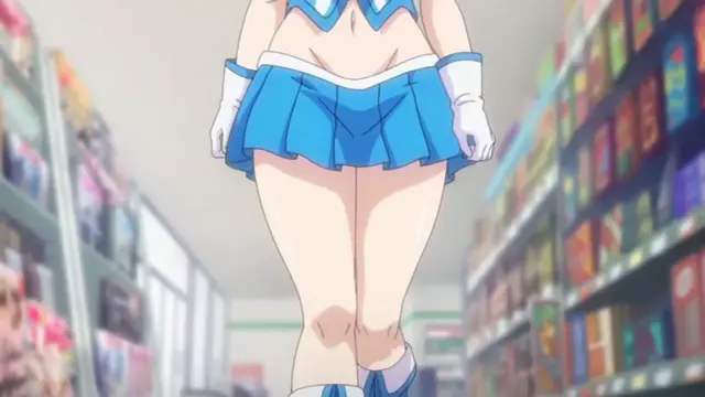 A blue-skirted girl with long blonde hair stands in a convenience store aisle, her short skirt revealing her thick thighs and large breasts. Screenshot from Cosplay Change: Pure-kei Joshidaisei no Kiken na Seiheki - Episode 4