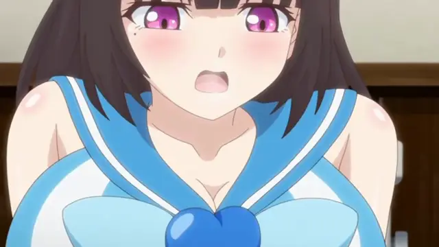 An anime girl with dark hair and blushing cheeks wears a blue and white sailor uniform while looking surprised with a small droplet of sweat on her face. Screenshot from Cosplay Change: Pure-kei Joshidaisei no Kiken na Seiheki - Episode 4