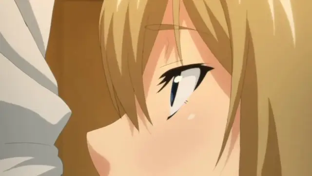 A close-up anime shot of a blonde girl with a blushing face and wide eyes looking up at a male character. Screenshot from JK Genkai Koubi: Goui Sounyuu de Bachibachi Niku Anaka - Episode 1
