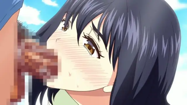 An anime girl with long dark hair and blushing cheeks looks up with wide eyes as a man's pixelated penis is inserted into her mouth. Screenshot from Himitsu no Kichi - Episode 1