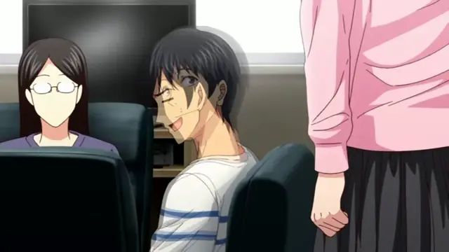 A male character with messy dark hair and a shocked expression sits in a theater seat next to a woman with glasses, while a girl in a pink sweater stands before them with her face cut off by the frame's edge. Screenshot from Himitsu no Kichi - Episode 1
