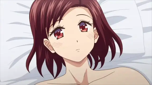 A blushing anime girl with short burgundy hair lies on a white pillow with a dazed, dreamy expression. Screenshot from Himitsu no Kichi - Episode 2