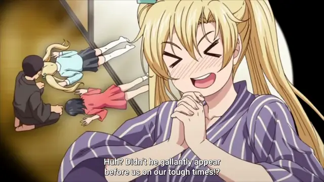 A blonde-haired girl in a purple kimono smiles with closed eyes and blushing cheeks while a man in the background performs oral sex on two other girls on the floor, with the subtitle "Huh? Didn't he gallantly appear before us on our tough times!?" appearing at the bottom. Screenshot from Himitsu no Kichi - Episode 2