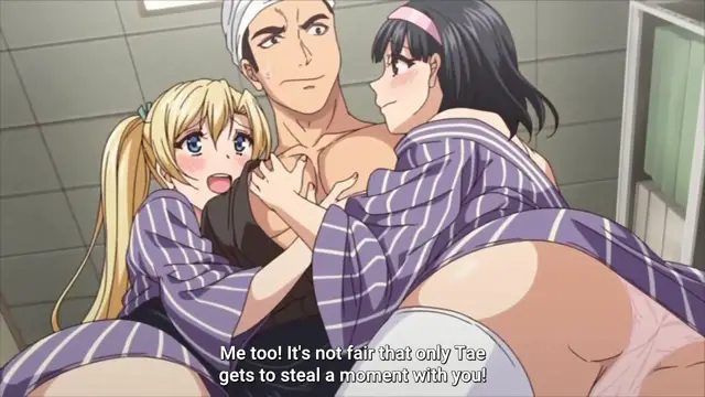 A tall, muscular man with a towel on his head stands between two women in a bathhouse, with a blonde girl and a brunette girl in striped yukatas clinging to him while the blonde girl looks up with wide eyes and the brunette girl looks at him with a blush, accompanied by the subtitle "Me too! It's not fair that only Tae gets to steal a moment with you!". Screenshot from Himitsu no Kichi - Episode 2