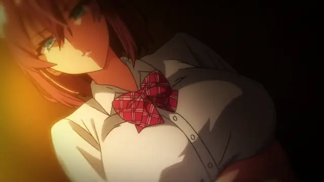 A schoolgirl with red hair and a red bow tie looks over her shoulder with a seductive expression while wearing a white button-up shirt. Screenshot from Akane wa Tsumare Somerareru - Episode 1