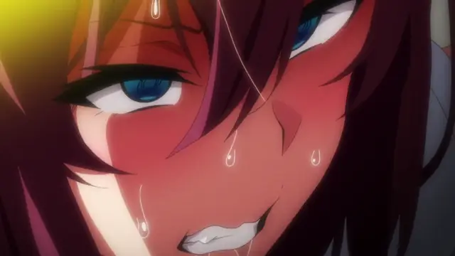 A blushing anime girl with blue eyes and wet skin looks at the camera with a heavy-lidded, lustful expression and an open mouth. Screenshot from Akane wa Tsumare Somerareru - Episode 1