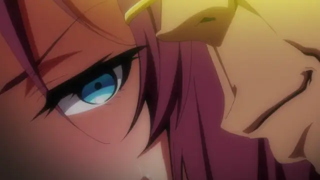 A close-up anime shot shows a woman with long purple hair and blue eyes looking up at a man with a golden mask pressed against her face. Screenshot from Akane wa Tsumare Somerareru - Episode 1
