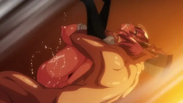 A muscular man with a beard lies on the ground while a red-haired woman is positioned on top of him, her legs wrapped around his waist as sweat droplets fly through the air. Screenshot from Akane wa Tsumare Somerareru - Episode 1