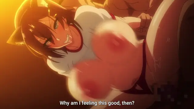 A close-up shot of an anime girl with cat ears, blushing and panting with an ecstatic expression while lying down with her large breasts exposed, accompanied by the subtitle "Why am I feeling this good, then?". Screenshot from Akane wa Tsumare Somerareru - Episode 1
