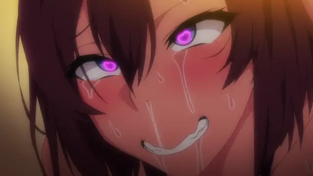 A close-up of a blushing anime girl with long dark hair, purple eyes, and a wide, drooling smile as she looks toward the camera with tears streaming down her face. Screenshot from Akane wa Tsumare Somerareru - Episode 2