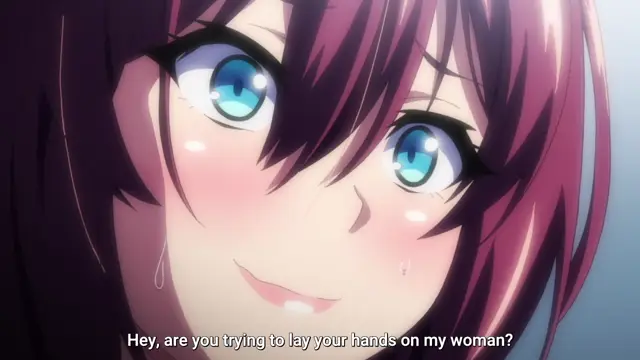 A close-up of a blushing anime girl with long purple hair and wide blue eyes smiling while a subtitle reads, "Hey, are you trying to lay your hands on my woman?". Screenshot from Akane wa Tsumare Somerareru - Episode 2