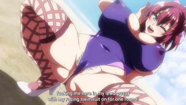 A purple-haired anime woman in a racing swimsuit and fishnet stockings is shown lying on her back while being penetrated, with subtitles stating, "fucking me here in my lewd pussy with my racing swimsuit on for one round!". Screenshot from Akane wa Tsumare Somerareru - Episode 2