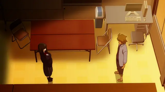 A girl in a black school uniform with a head covering and a boy in a grey hoodie stand facing each other in a sparsely furnished office or classroom. Screenshot from Yamitsuki Pheromone - Episode 1
