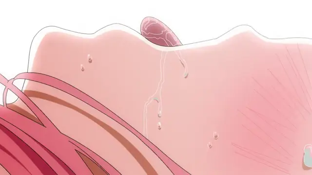 A close-up shot shows a girl's large breast with a penis protruding from the top and dripping with semen. Screenshot from Yamitsuki Pheromone - Episode 2