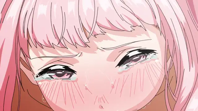 A close-up of an anime girl with pink hair and blushing cheeks who is crying, with large tears welling up in her eyes. Screenshot from Yamitsuki Pheromone - Episode 2
