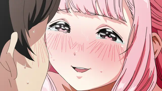 A close-up of a blushing, teary-eyed pink-haired girl with a joyful expression being held by a dark-haired male character. Screenshot from Yamitsuki Pheromone - Episode 2