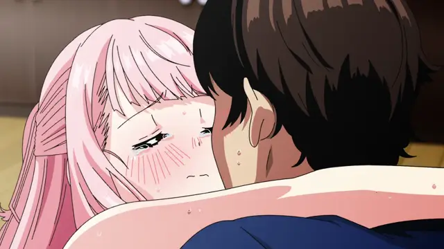 A blushing girl with long pink hair lies in the arms of a man with short black hair, her eyes half-closed in a state of arousal. Screenshot from Yamitsuki Pheromone - Episode 2
