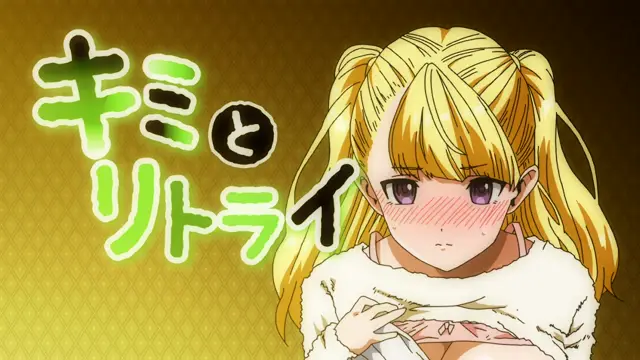A blushing blonde girl with pigtails wears a white fluffy sweater over her chest and looks at the viewer with a startled expression. Screenshot from Yamitsuki Pheromone - Episode 2