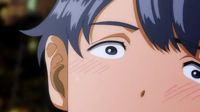 A close-up of an anime boy with blue hair and blushing cheeks looks on with wide eyes and a shocked expression. Screenshot from Yamitsuki Pheromone - Episode 2