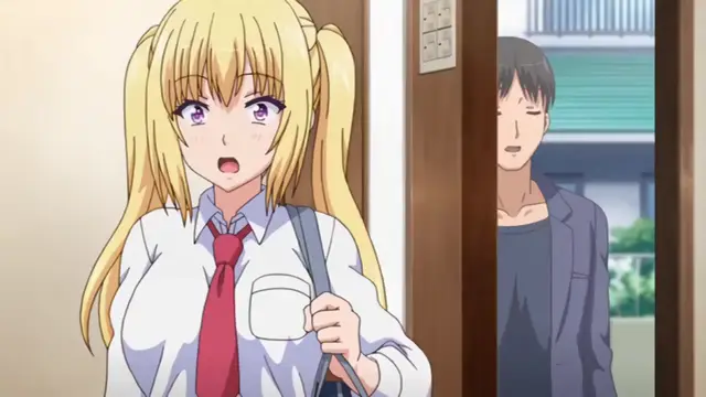 A blonde girl with purple eyes and pigtails wearing a white school uniform and red tie looks surprised as a man stands in a doorway behind her. Screenshot from Papa Katsu! - Episode 1