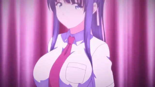 A close-up shot of a purple-haired anime girl with large breasts wearing a white collared shirt and a pink tie against a pink curtain background. Screenshot from Papa Katsu! - Episode 1