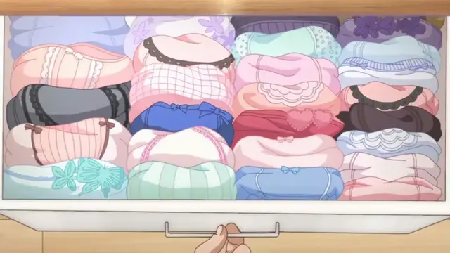 A hand reaches out to open a drawer filled with neatly folded colorful panties. Screenshot from Papa Katsu! - Episode 1