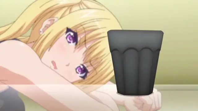 An anime girl with blonde hair and blushing cheeks leans forward on a table, holding a large black cup with both hands. Screenshot from Papa Katsu! - Episode 1
