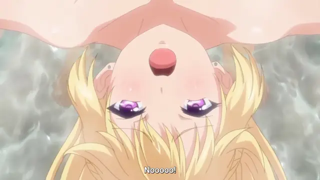 An upside-down anime girl with long blonde hair and purple eyes looks distressed as she sinks into water, with the subtitle "Nooooo!" appearing at the bottom. Screenshot from Papa Katsu! - Episode 1