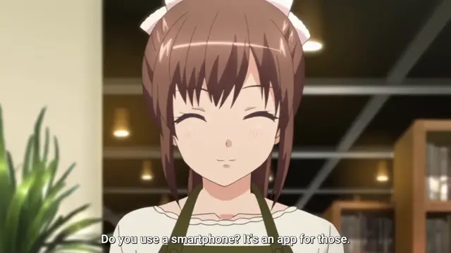 An anime girl with brown hair and a maid outfit smiles with her eyes closed while saying, "Do you use a smartphone? It's an app for those.". Screenshot from Papa Katsu! - Episode 1