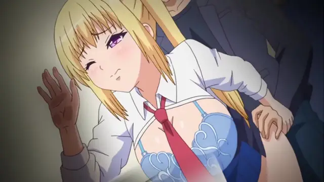 A blonde woman in a white shirt and red tie is being held from behind while wearing blue lingerie under her clothes, looking at the camera with a sly smile. Screenshot from Papa Katsu! - Episode 2