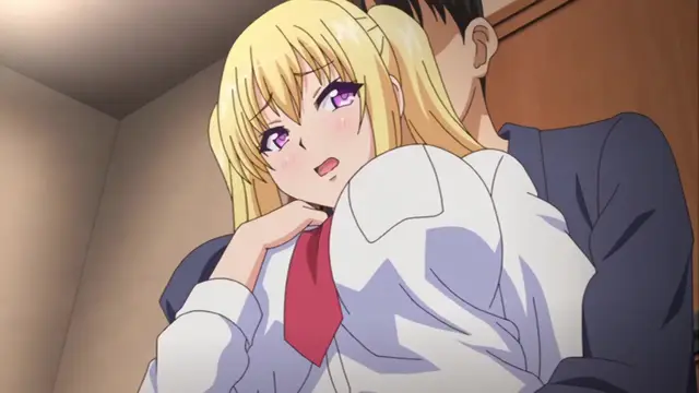A blonde anime girl with blushing cheeks and a dazed expression wears a school uniform while being held from behind by a dark-haired man. Screenshot from Papa Katsu! - Episode 2