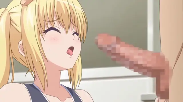 A blonde anime girl with pigtails has a shocked expression as a pixelated penis is pointed toward her face. Screenshot from Papa Katsu! - Episode 2