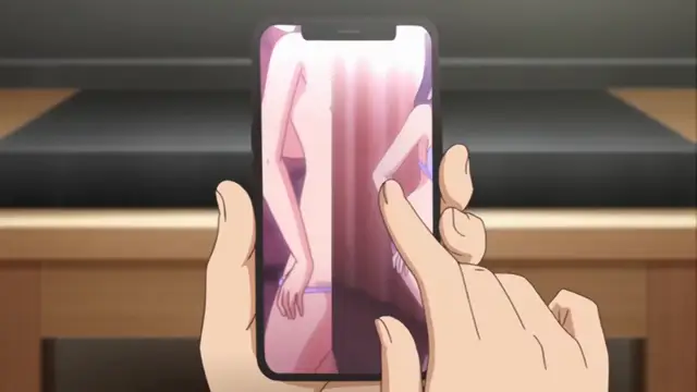 A pair of hands holds a smartphone displaying a pornographic scene of a woman being penetrated from behind in a bedroom. Screenshot from Papa Katsu! - Episode 2