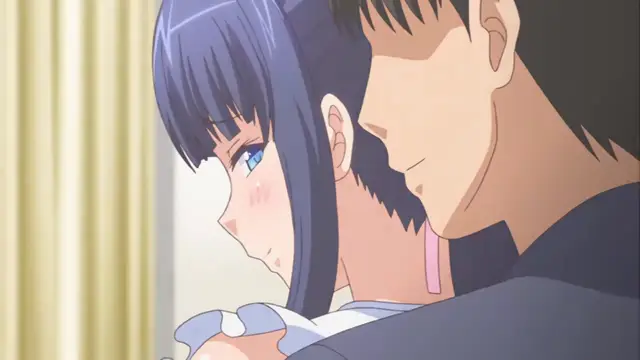 A high-angle close-up shot shows a blue-haired anime girl with blushing cheeks and watery eyes looking downward while a man with black hair leans in close to her face. Screenshot from Papa Katsu! - Episode 2