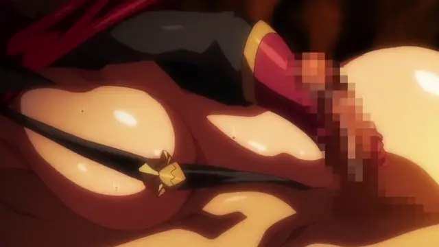 A woman with large breasts is being penetrated from behind while lying on her stomach, with a black ribbon tied around her chest featuring a gold emblem. Screenshot from Kyonyuu Elf Oyako Saimin - Episode 1