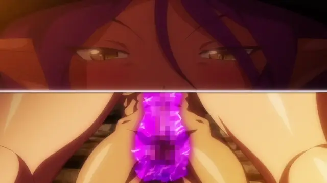 A blushing anime girl with purple hair looks down with heavy-lidded eyes as she is shown from the waist down in a spread-eagle position, featuring a pixelated purple effect over her pussy. Screenshot from Kyonyuu Elf Oyako Saimin - Episode 1