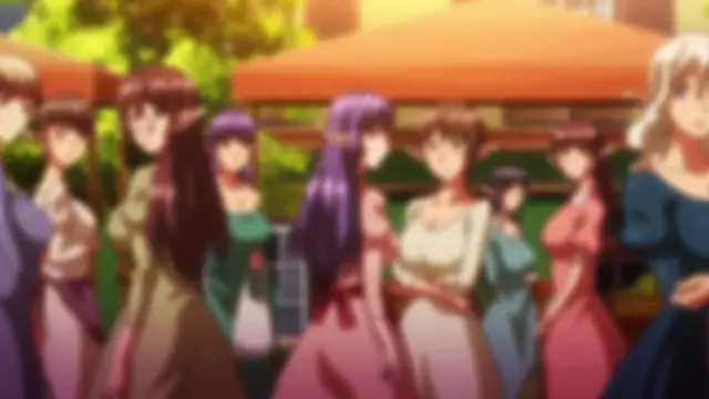 A group of anime girls in various dresses stand together outdoors at what appears to be a garden party or banquet. Screenshot from Kyonyuu Elf Oyako Saimin - Episode 1