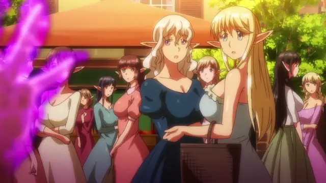 A group of elf women in various colored dresses stand together outdoors, with one blonde elf in a blue dress and another in a grey dress in the foreground, while a mysterious purple magical energy effect appears on the left. Screenshot from Kyonyuu Elf Oyako Saimin - Episode 1