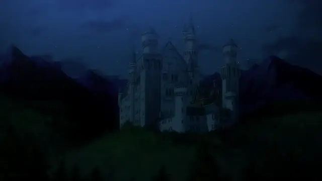 A large, gothic white castle with multiple towers stands nestled against dark, jagged mountains under a starry night sky. Screenshot from Kyonyuu Elf Oyako Saimin - Episode 1